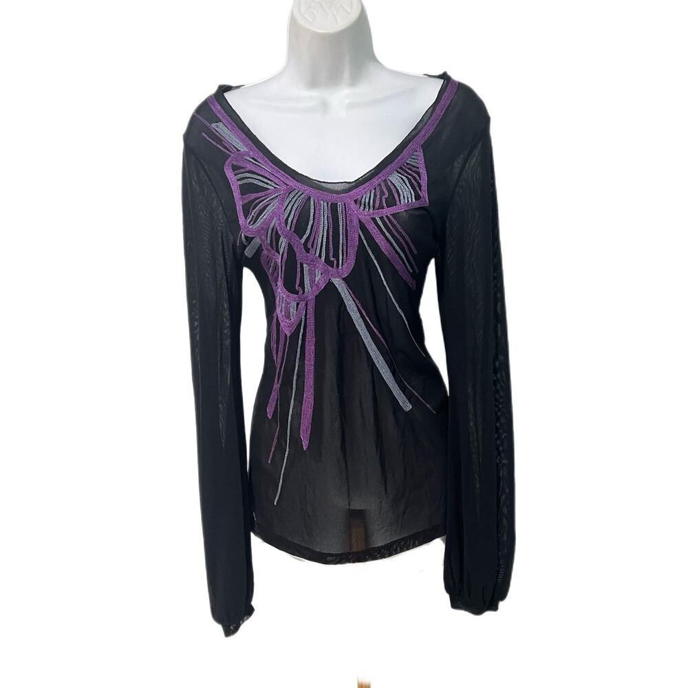 Vintage Y2K Mesh Top Large Black Embroidered Stretch Whimsygoth Fairy Witchy